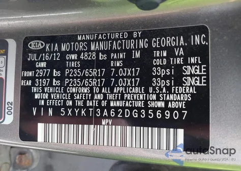 2013 Kia Sorento Lx из США, поврежденный, VIN 5XYKT3A62DG356907